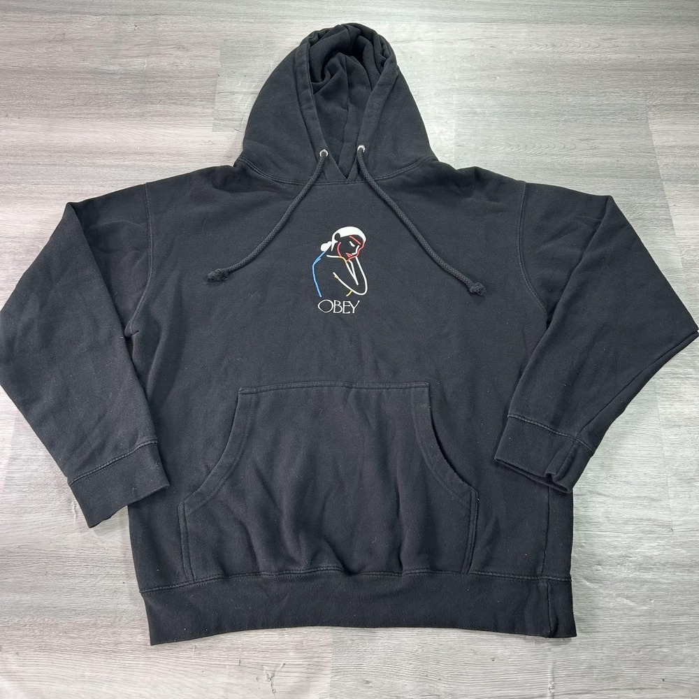 Obey Hoodie Mens Medium Black Pullover Fleece Sweatshirt Woman Graphic Logo